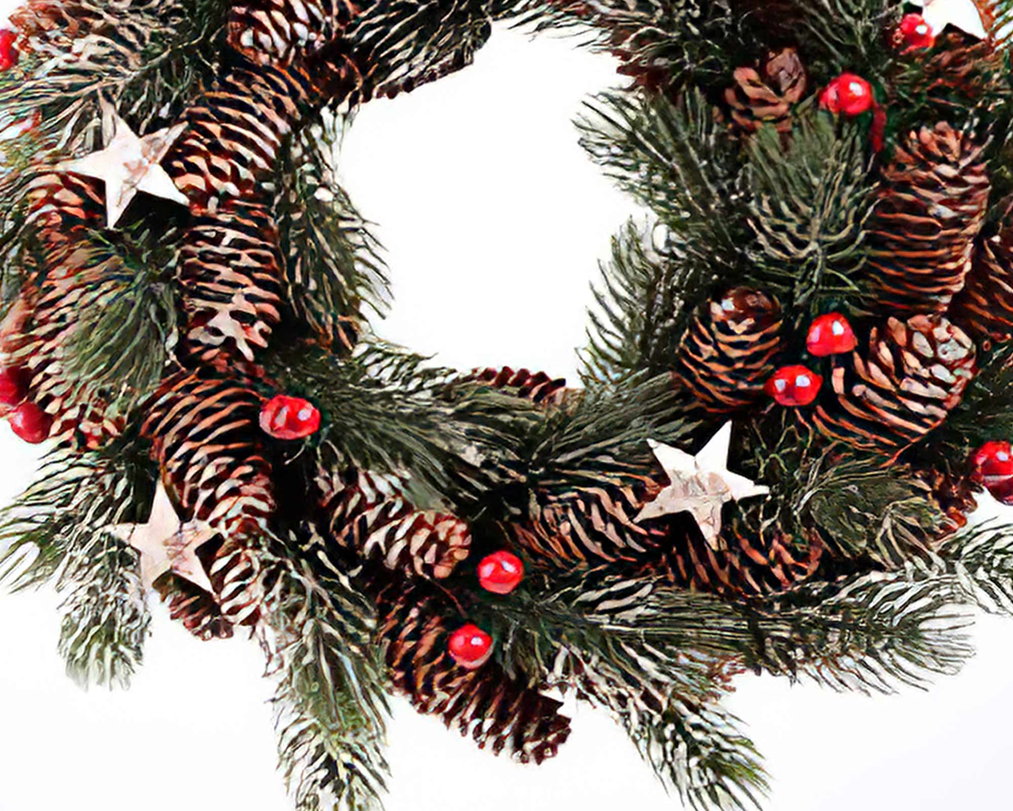 Ghirlanda natalizia con stelle dorate, pigne, sfere e foglie di pino - immagine 2