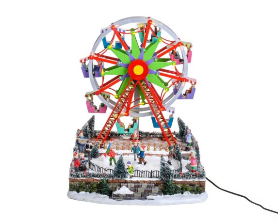 Villaggio di Natale Ruota panoramica e pattinatori in movimento con musica e led