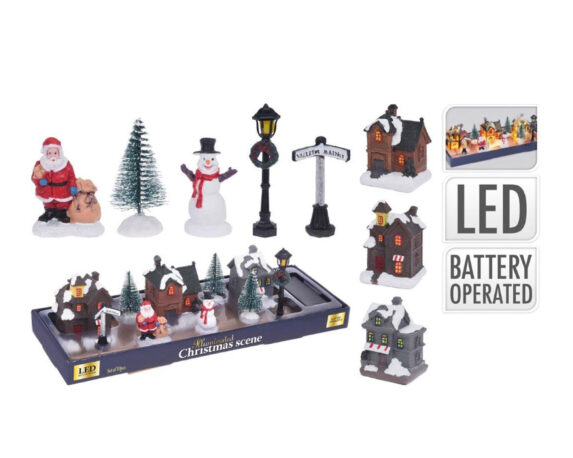 10 Pz villaggio nordico con Babbo natale e Pupazzo di neve led