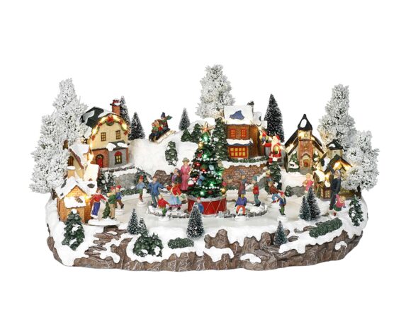 Villaggio natalizio innevato in movimento con Albero di Natale e led