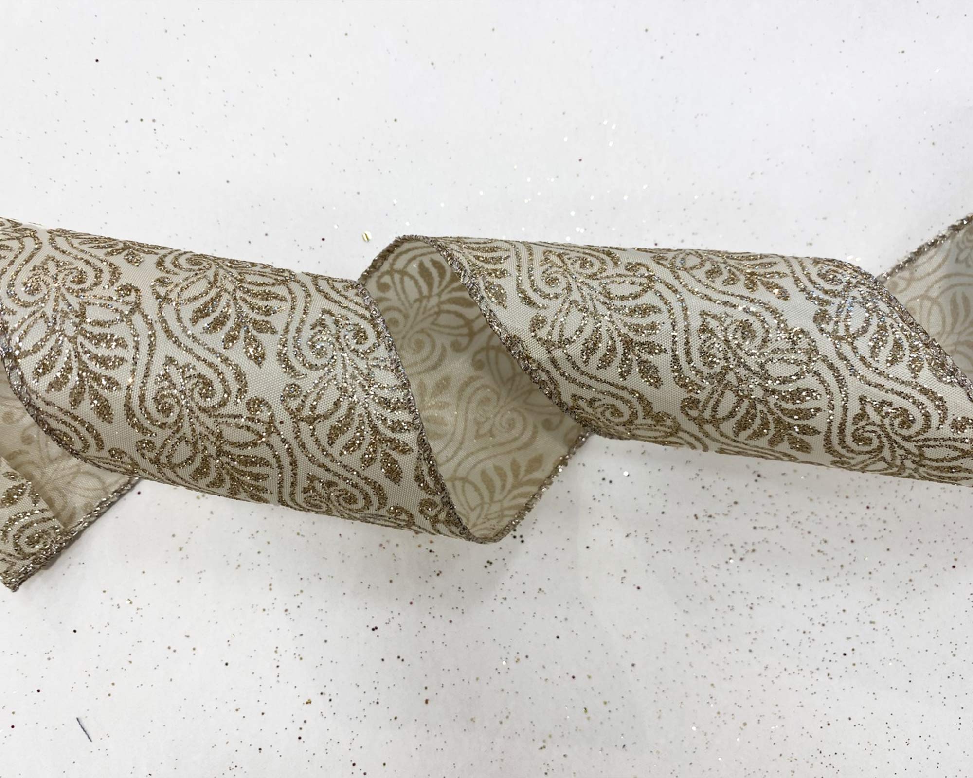 Nastro Di Natale Champagne Damascato E Glitterato