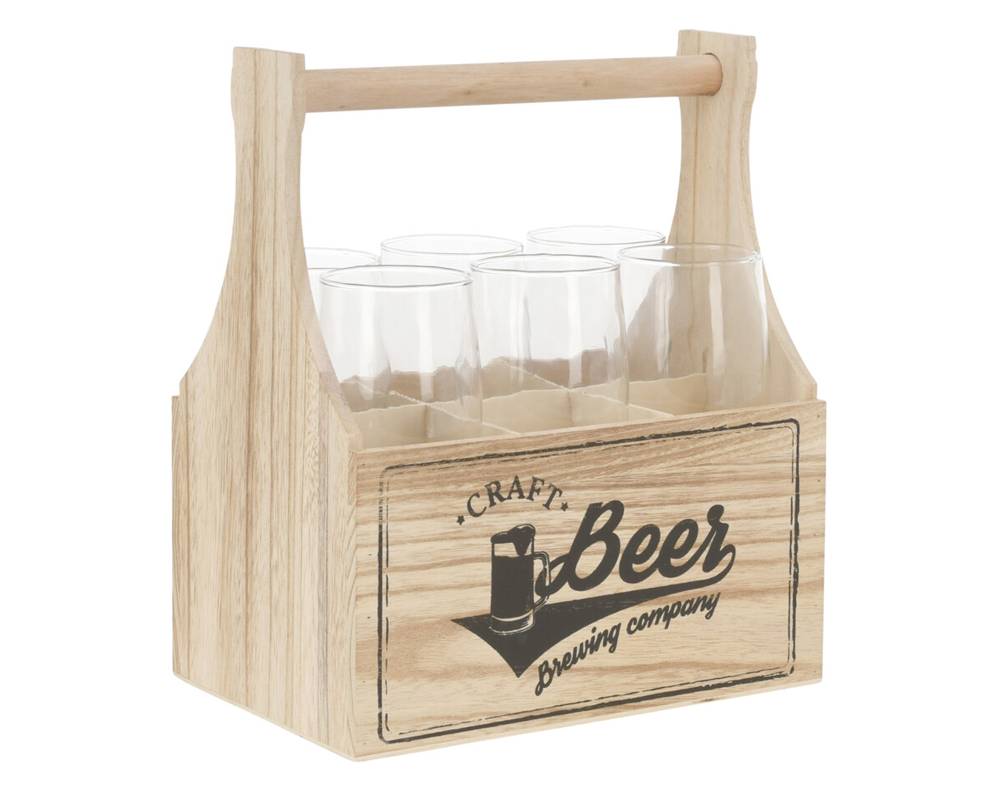 Set Cestello Di Legno Con 6 Bicchieri In Vetro - Koopman