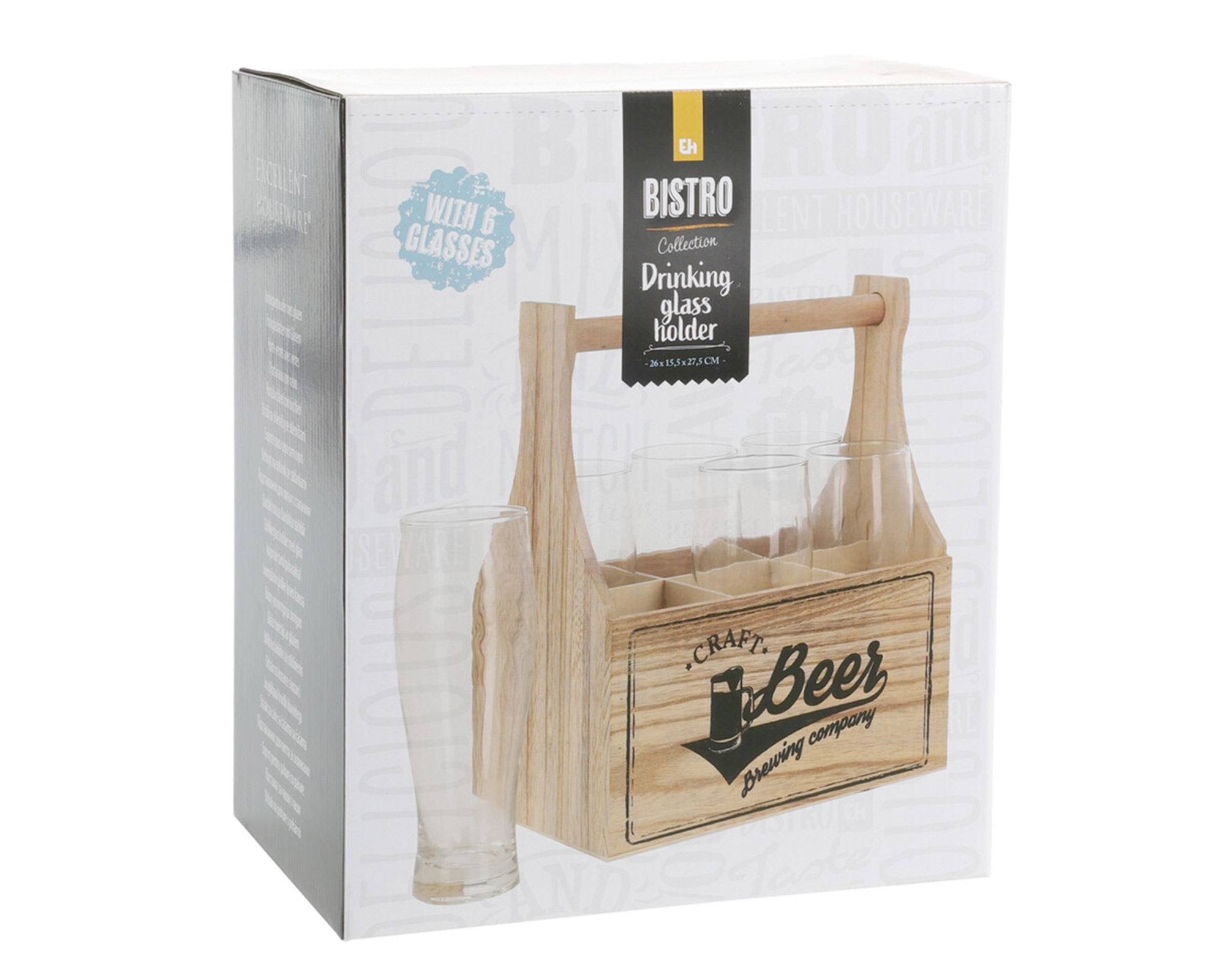 Set Cestello Di Legno Con 6 Bicchieri In Vetro - Koopman - immagine 2