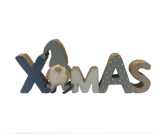 Sagoma con scritta XMAS in legno con gnomo