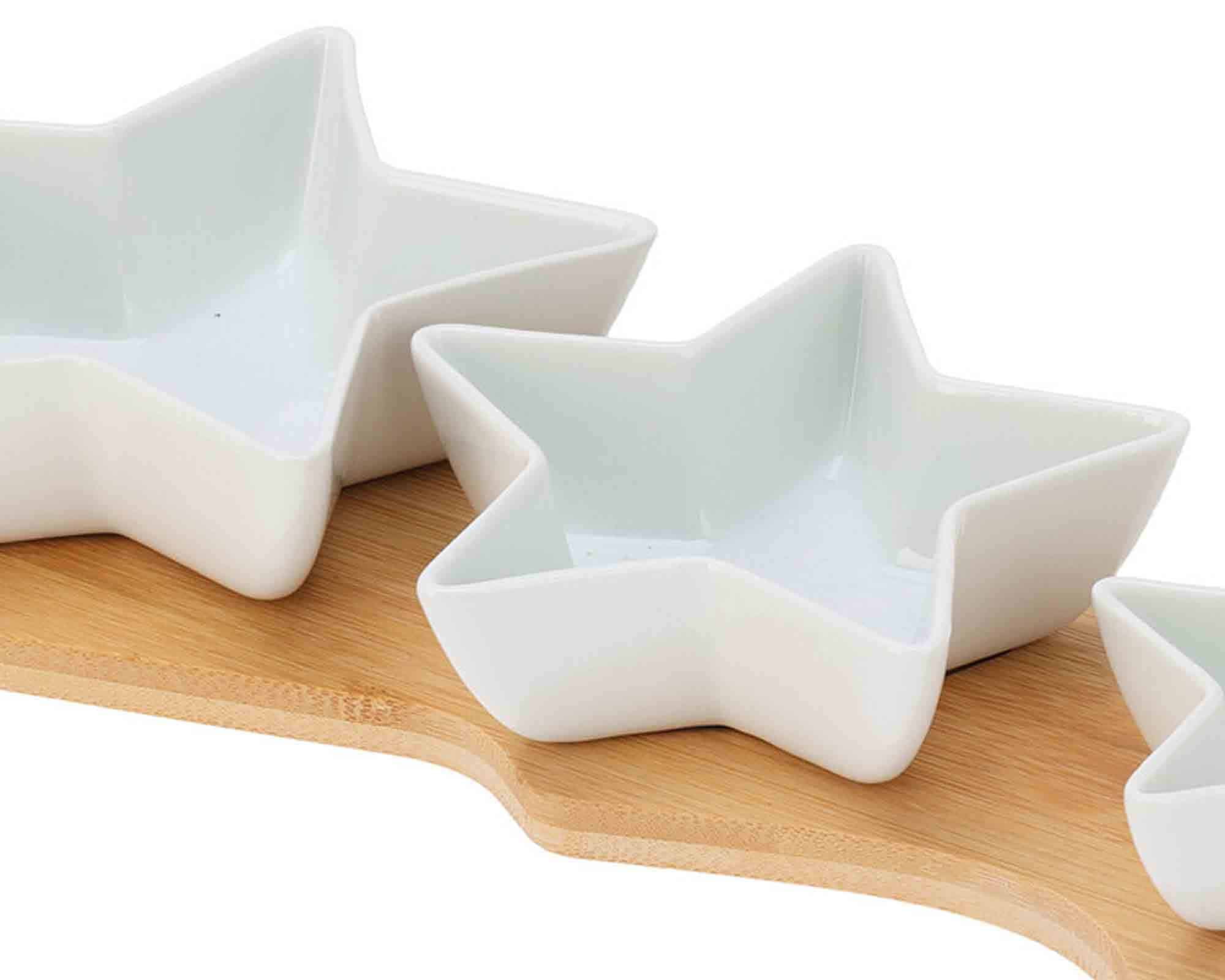 Set Degustazione di Natale Bianco con 3 Ciotole a Forma di Stella 22cm in Ceramica e Bamboo - immagine 3