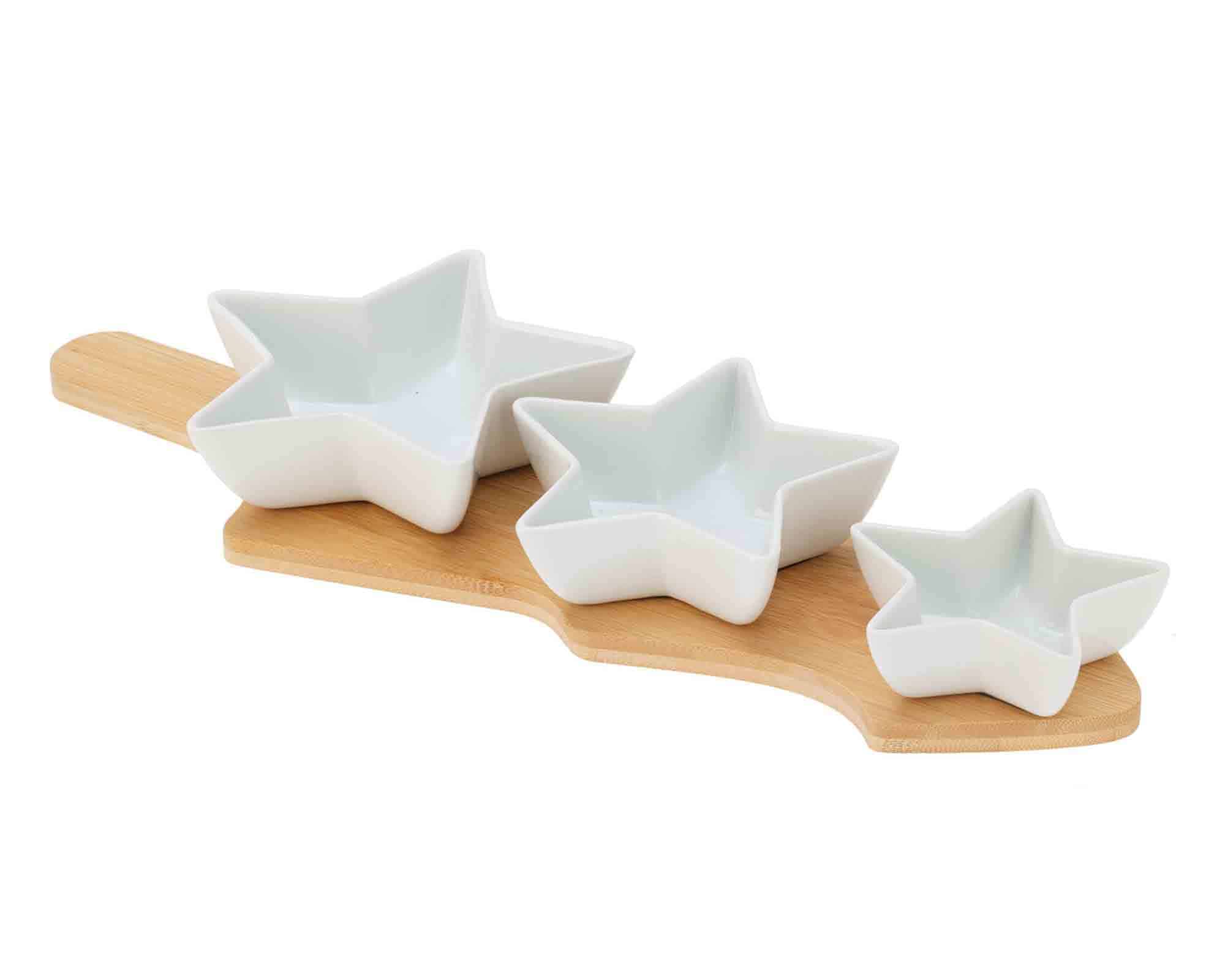Set Degustazione di Natale Bianco con 3 Ciotole a Forma di Stella 22cm in Ceramica e Bamboo