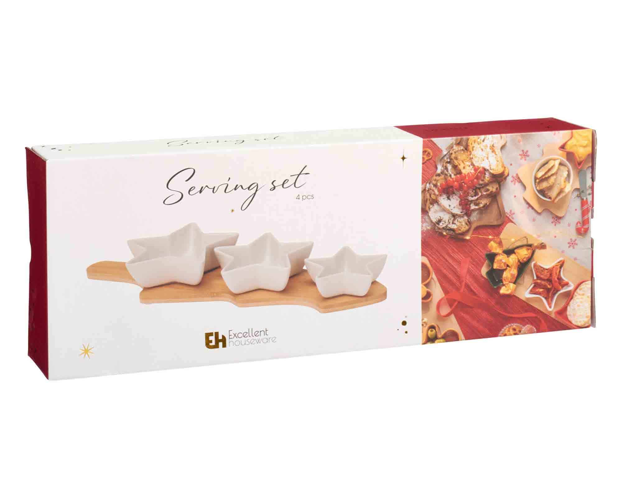 Set Degustazione di Natale Bianco con 3 Ciotole a Forma di Stella 22cm in Ceramica e Bamboo - immagine 2