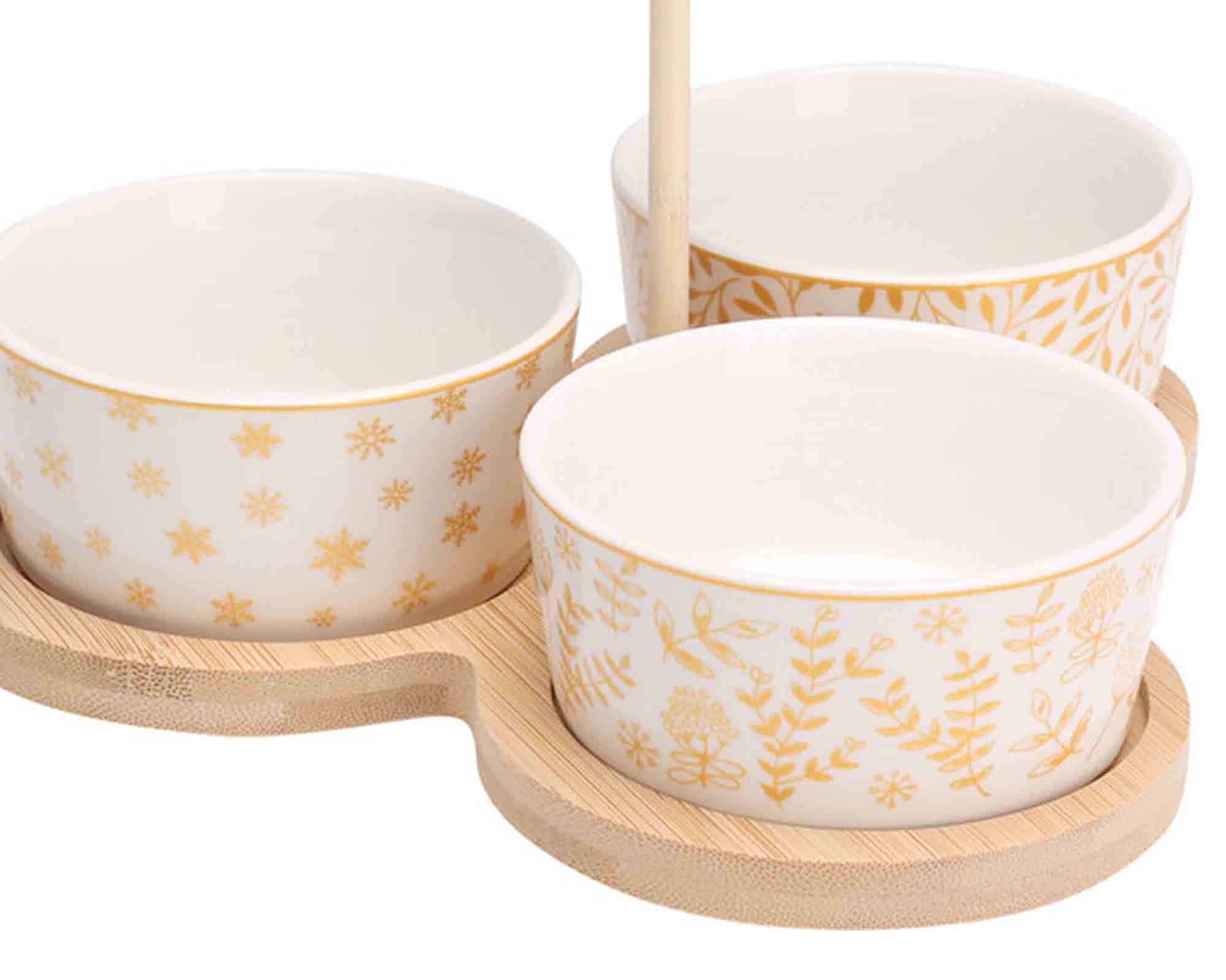 Set 4 Pz Antipastiera da Portata di Natale con Vassoio e 3 Ciotole 20,5x20,5x6,5cm in Ceramica e Bamboo - immagine 2