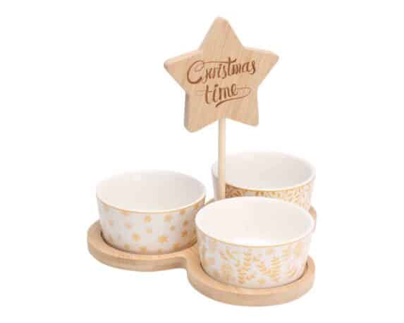Set 4 Pz Antipastiera da Portata di Natale con Vassoio e 3 Ciotole 20,5×20,5×6,5cm in Ceramica e Bamboo