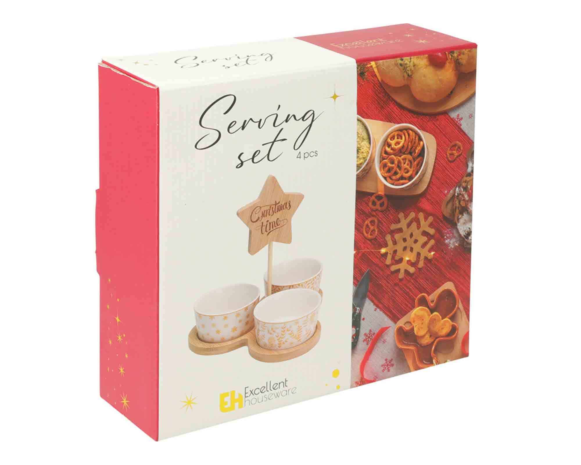Set 4 Pz Antipastiera da Portata di Natale con Vassoio e 3 Ciotole 20,5x20,5x6,5cm in Ceramica e Bamboo - immagine 3