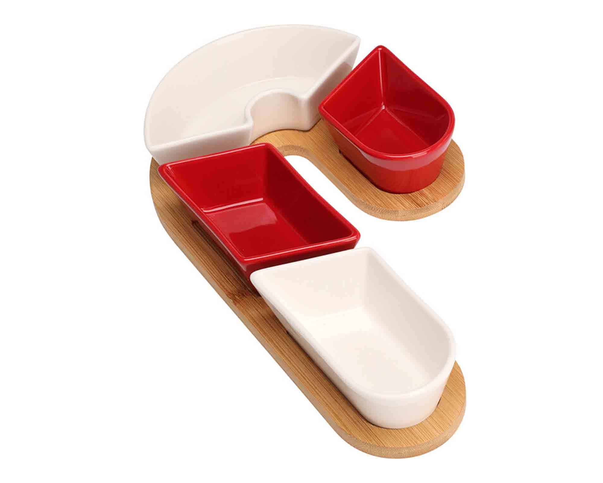 Set 5 Pz Antipastiera di Natale a Forma di Caramella 29x17x4,5cm in Ceramica e Bamboo