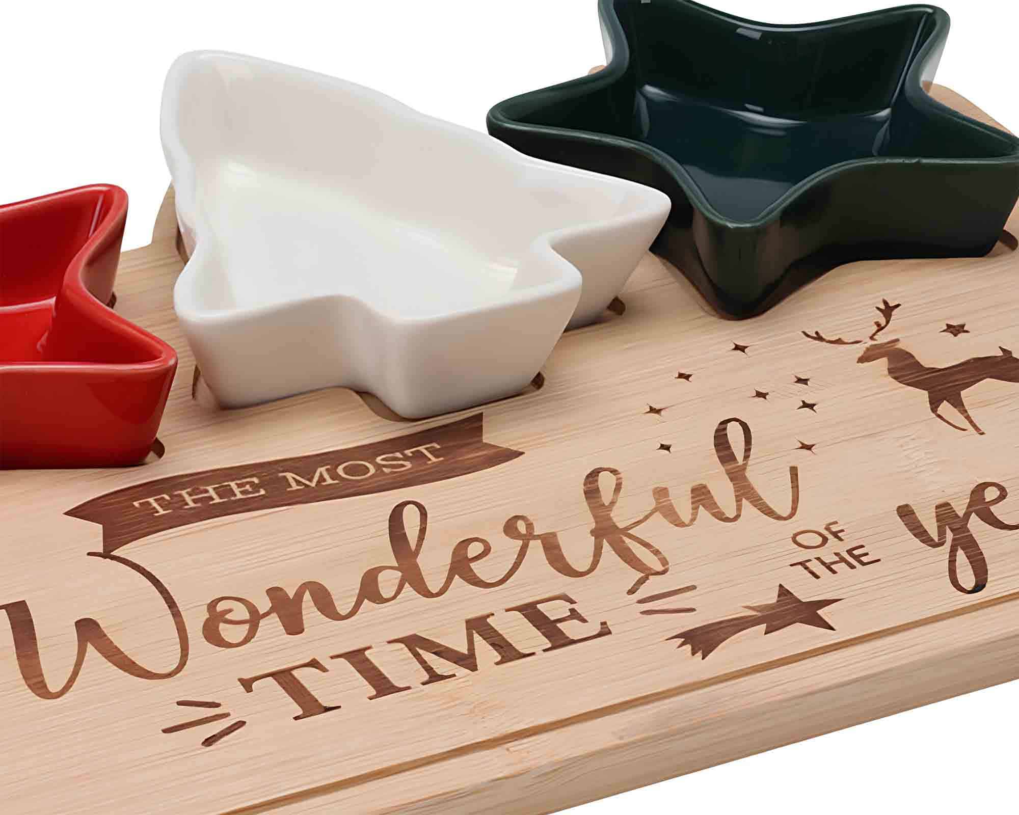 Set 4 Pz Antipastiera di Natale con Vassoio e 3 Ciotole 30x22cm in Ceramica e Legno - immagine 3