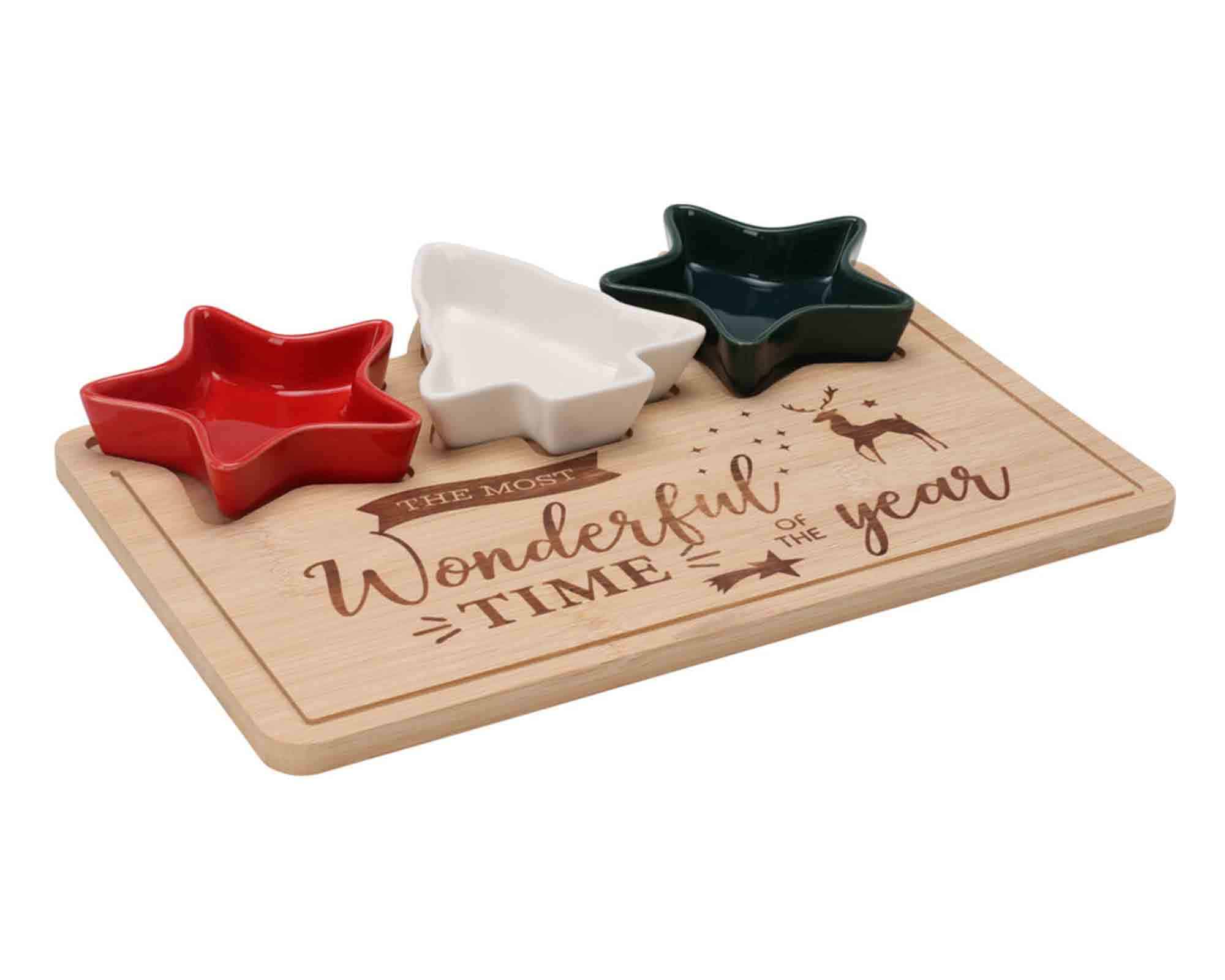 Set 4 Pz Antipastiera di Natale con Vassoio e 3 Ciotole 30x22cm in Ceramica e Legno
