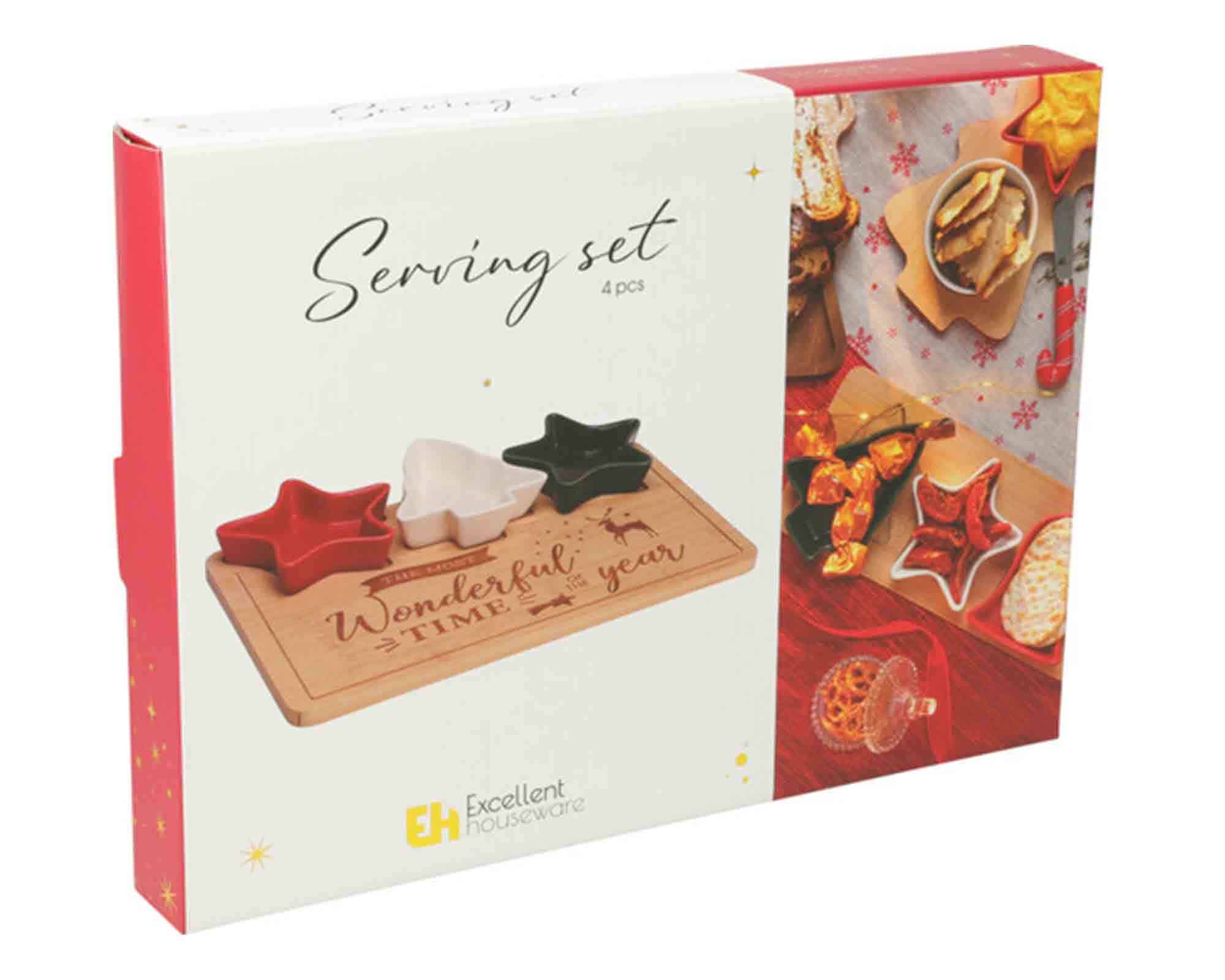 Set 4 Pz Antipastiera di Natale con Vassoio e 3 Ciotole 30x22cm in Ceramica e Legno - immagine 2