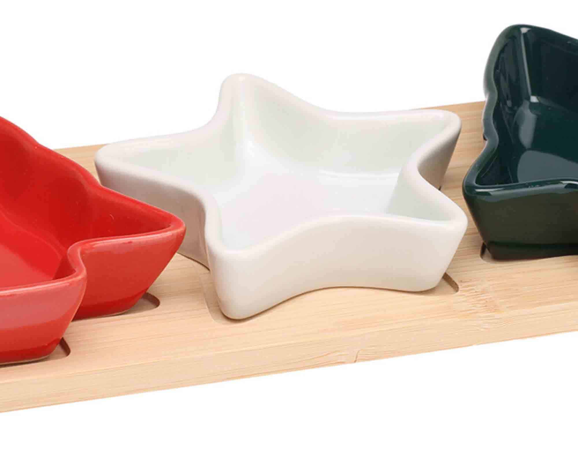 Set 4 Pz Antipastiera di Natale con Vassoio e 3 Ciotole 28,5x11,5x3,5cm in Ceramica e Bamboo - immagine 2