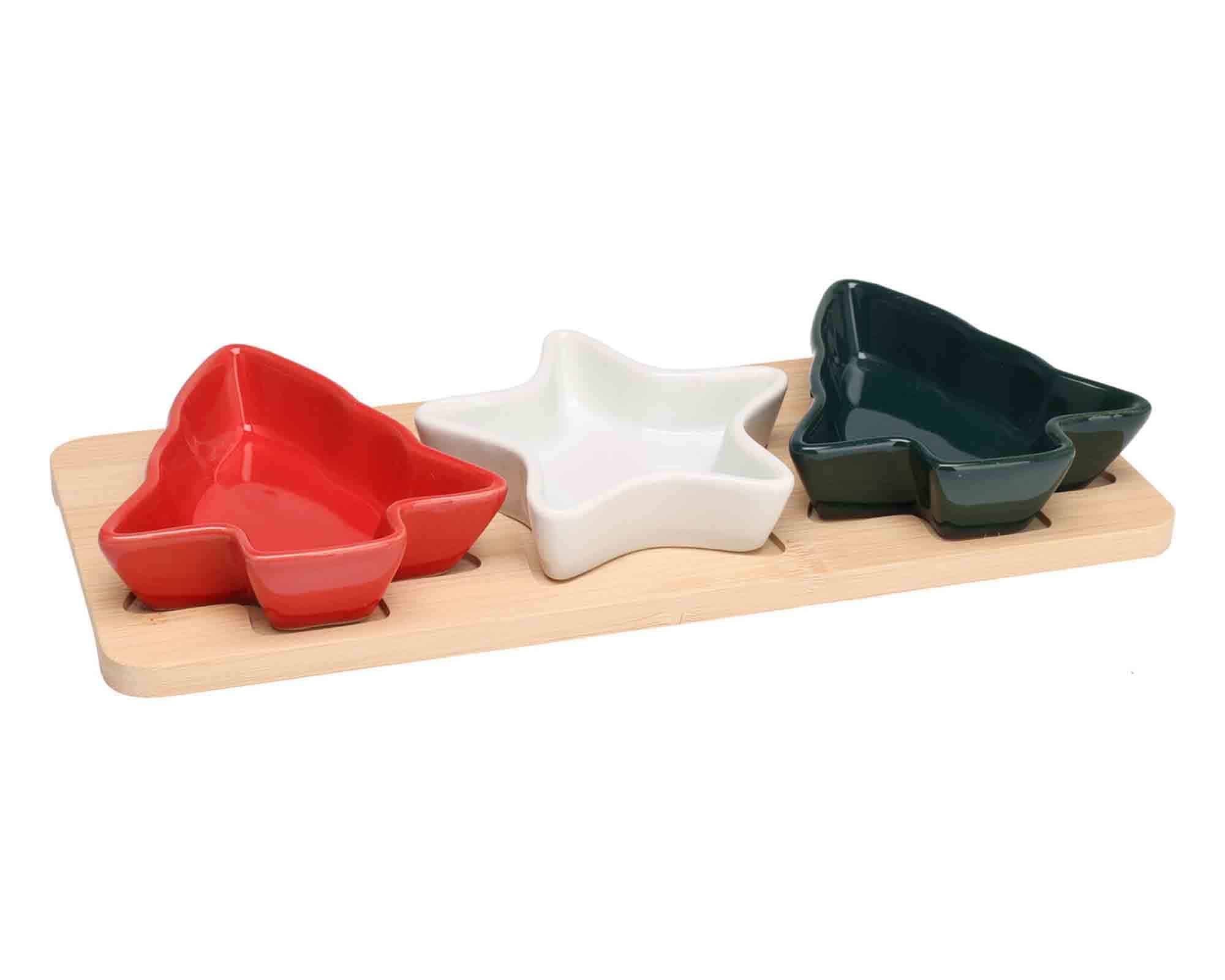 Set 4 Pz Antipastiera di Natale con Vassoio e 3 Ciotole 28,5x11,5x3,5cm in Ceramica e Bamboo