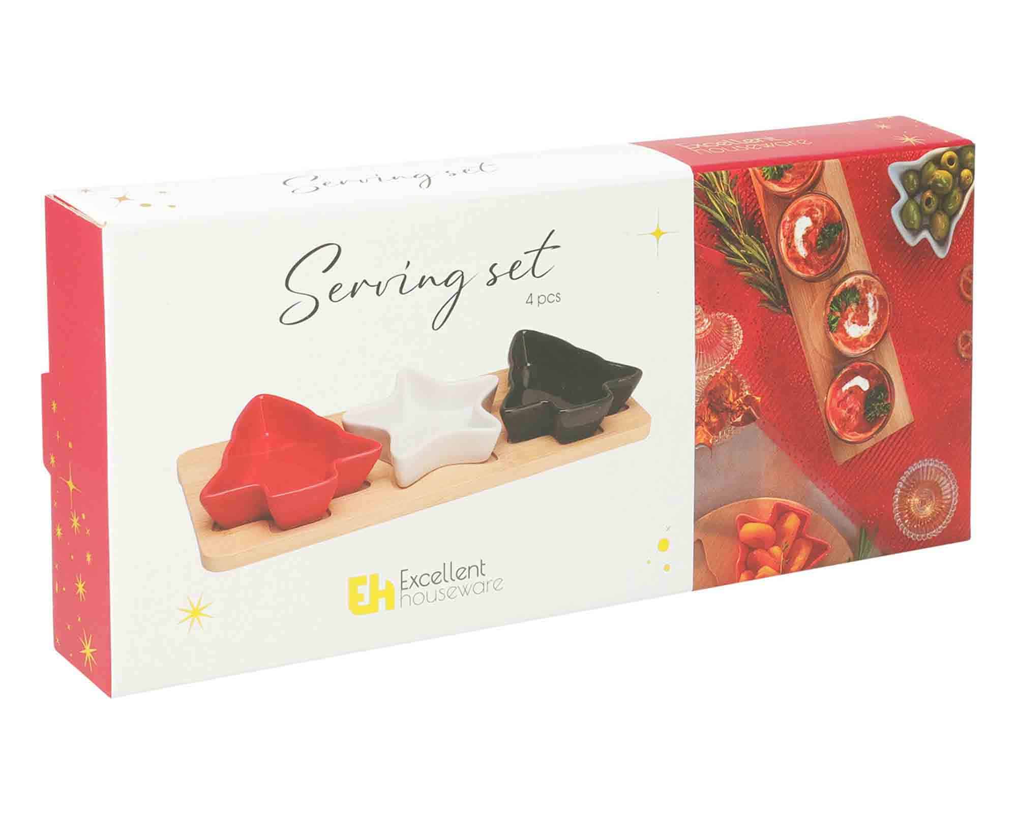 Set 4 Pz Antipastiera di Natale con Vassoio e 3 Ciotole 28,5x11,5x3,5cm in Ceramica e Bamboo - immagine 3