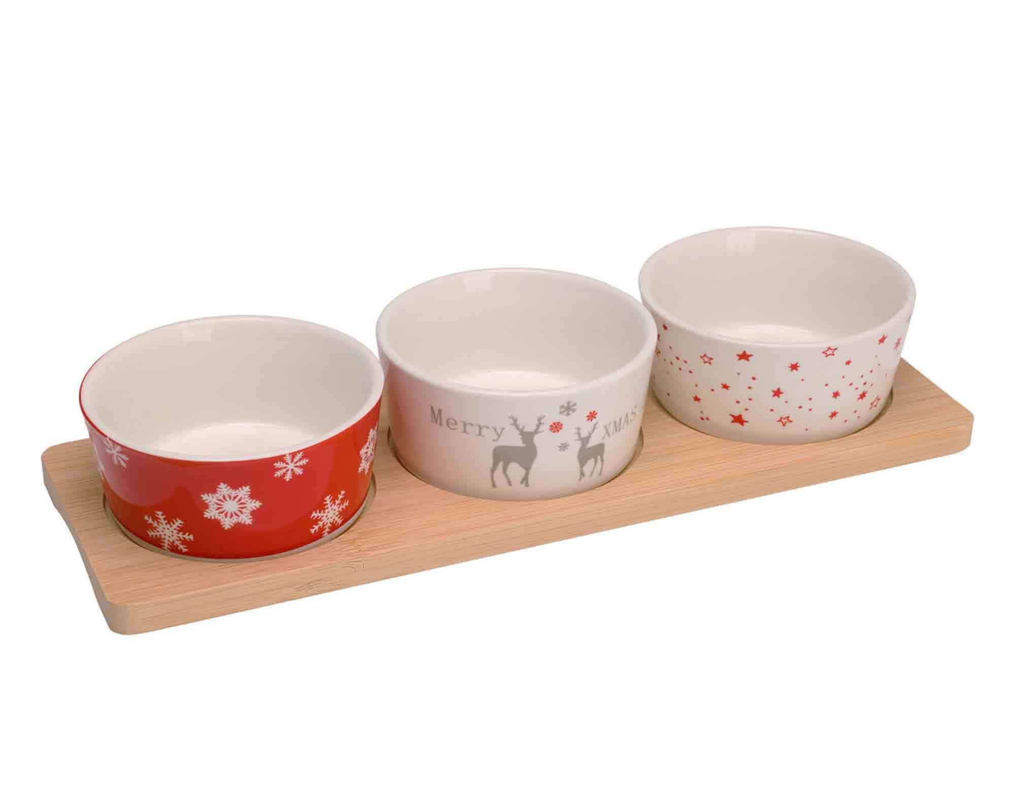 Set 4 Pz Aperitivo di Natale con Vassoio e 3 Ciotole 29x10,5x5cm in Ceramica e Bamboo