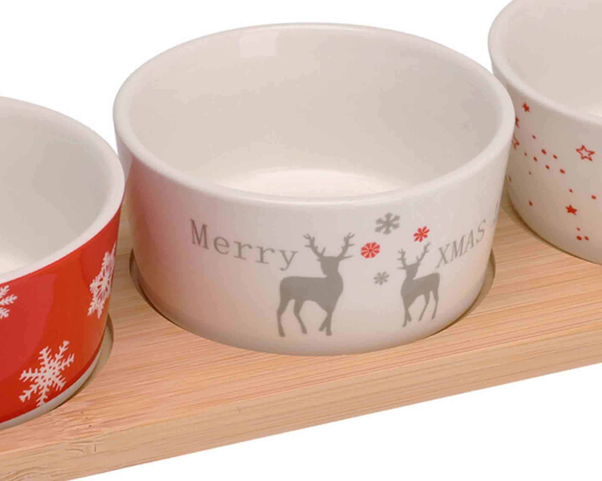 Set 4 Pz Aperitivo di Natale con Vassoio e 3 Ciotole 29x10,5x5cm in Ceramica e Bamboo - immagine 2