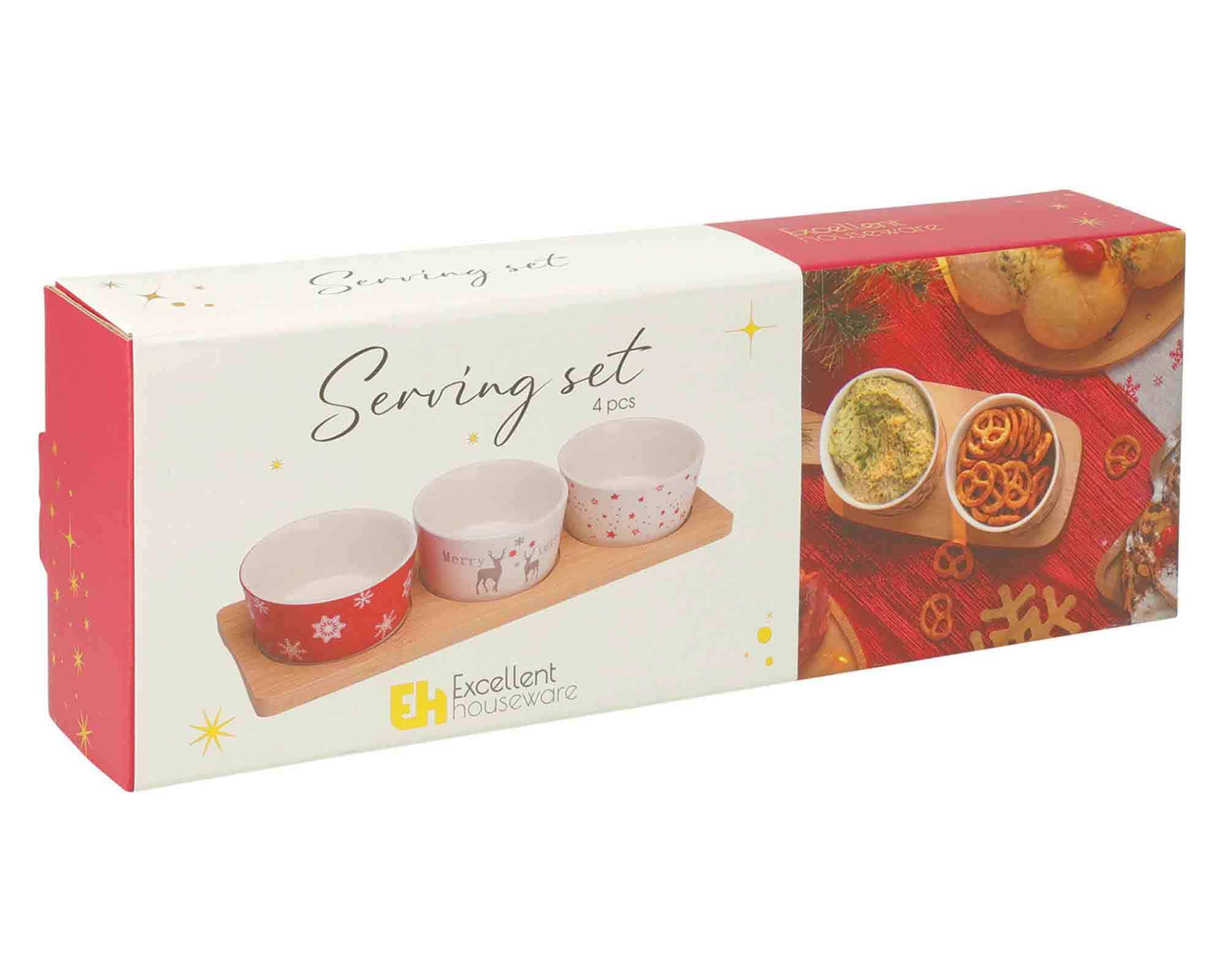 Set 4 Pz Aperitivo di Natale con Vassoio e 3 Ciotole 29x10,5x5cm in Ceramica e Bamboo - immagine 3