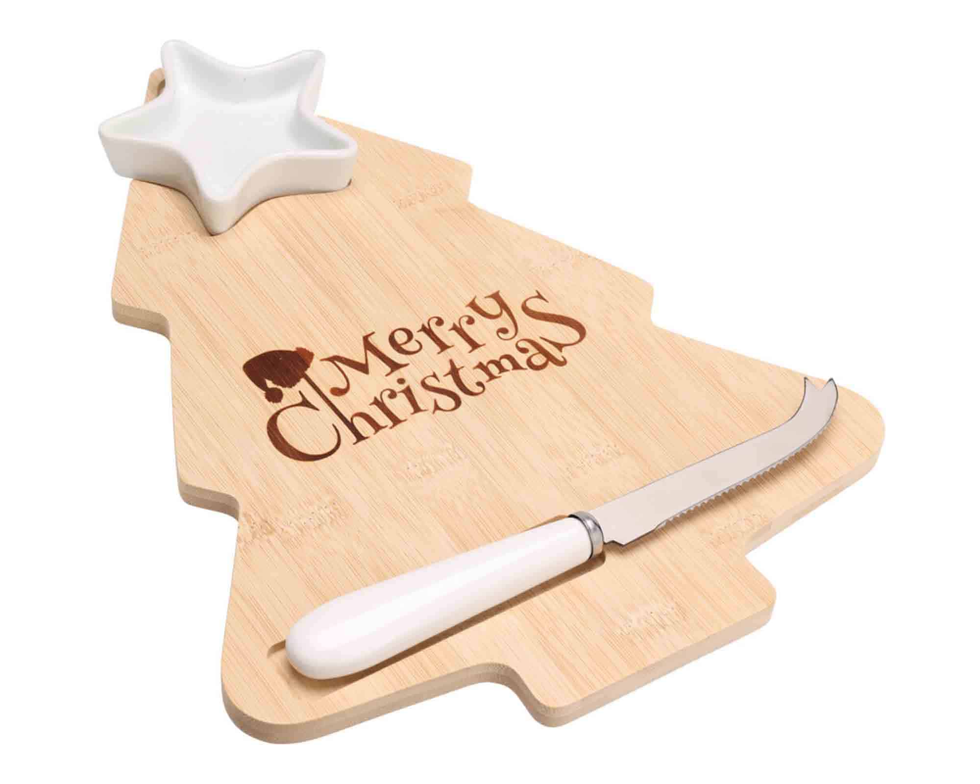Tagliere da Formaggio a Forma di Albero di Natale con Coltello 32x14cm in Bamboo