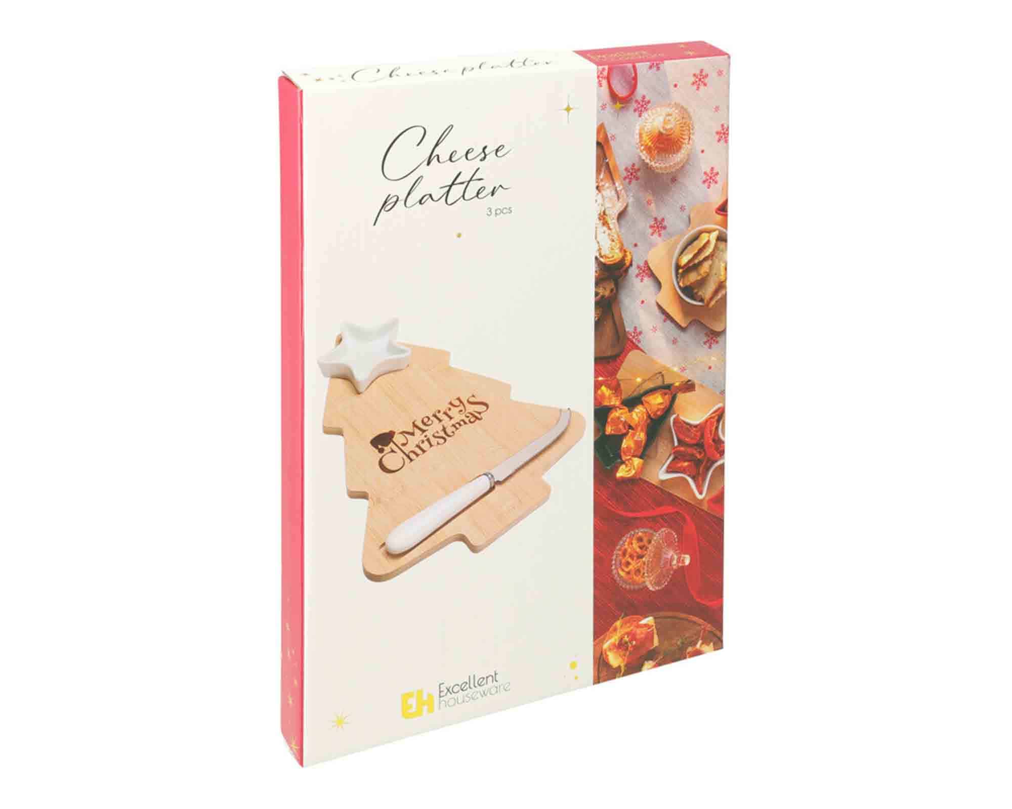 Tagliere da Formaggio a Forma di Albero di Natale con Coltello 32x14cm in Bamboo - immagine 3