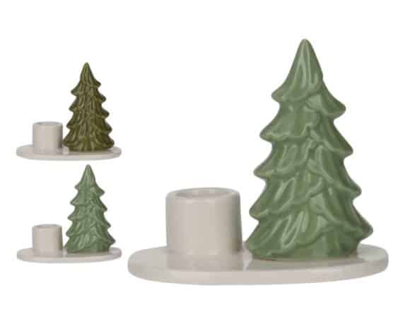 Decorazione Portacandela Bianco e Verde con Alberi di Natale 8cm Assortito in Porcellana