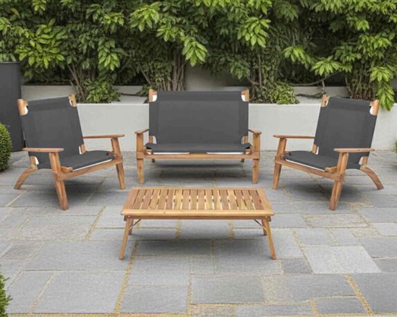 Set 4 Pz Salotto Primavera Pieghevole Nero in Legno di Acacia