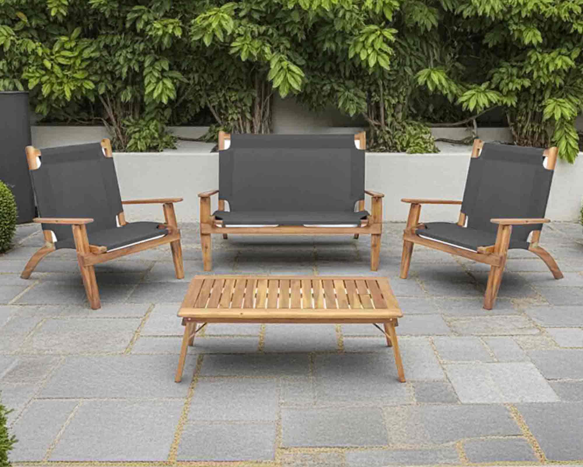 Set 4 Pz Salotto Primavera Pieghevole Nero in Legno di Acacia