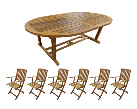 Set Pranzo Tavolo Ovale 150/200×100 + 6 Poltrone Navis In Legno Di Acacia – Levico