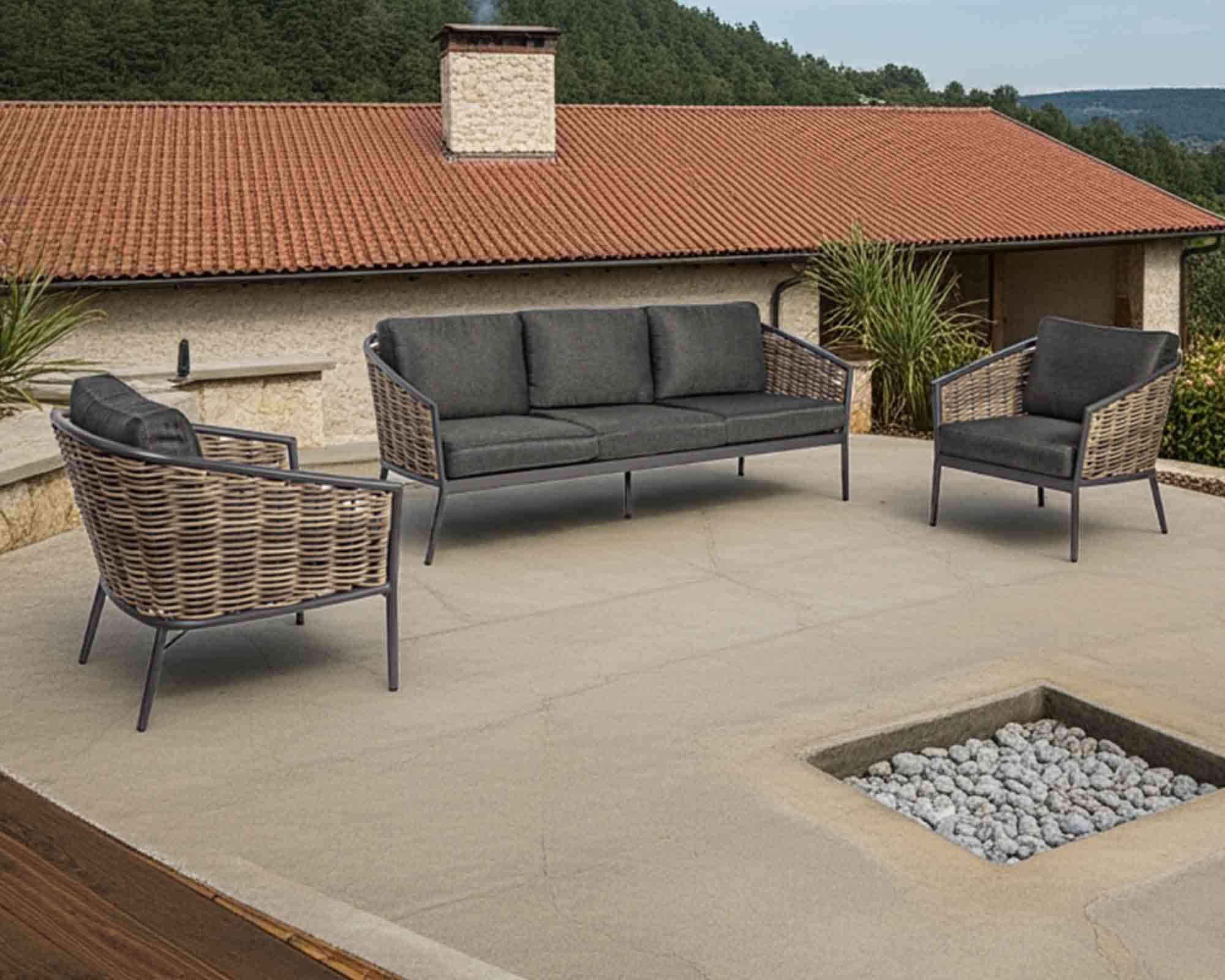 Set 3 Pz Salotto con Cuscini Maribela Antracite in Alluminio e Poliestere - Bizzotto