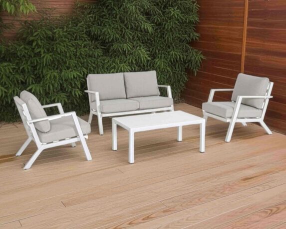 Set 4 Pz Salotto Harley Bianco con Cuscini in Alluminio, Polipropilene e Textiline – Bizzotto