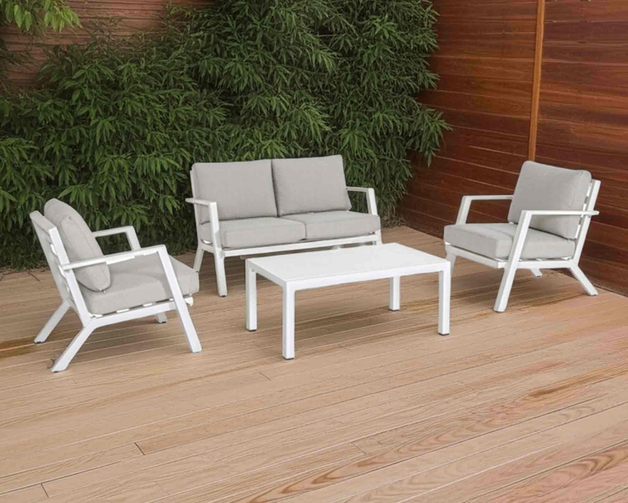 Set 4 Pz Salotto Harley Bianco con Cuscini in Alluminio, Polipropilene e Textiline - Bizzotto