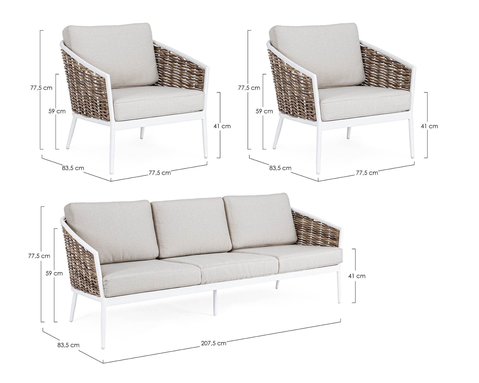 Set 3 Pz Salotto con Cuscini Maribela Bianco in Alluminio e Poliestere - Bizzotto - immagine 8