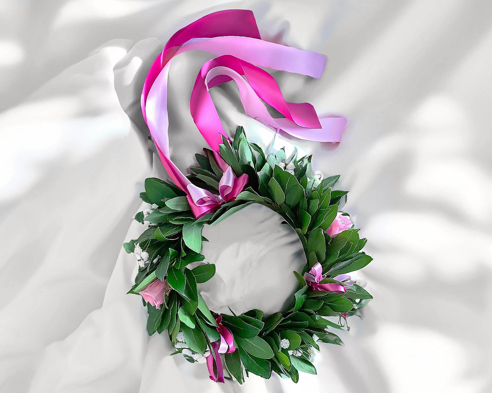Corona di Alloro per Laurea con Roselline Rosa e Gipsofila