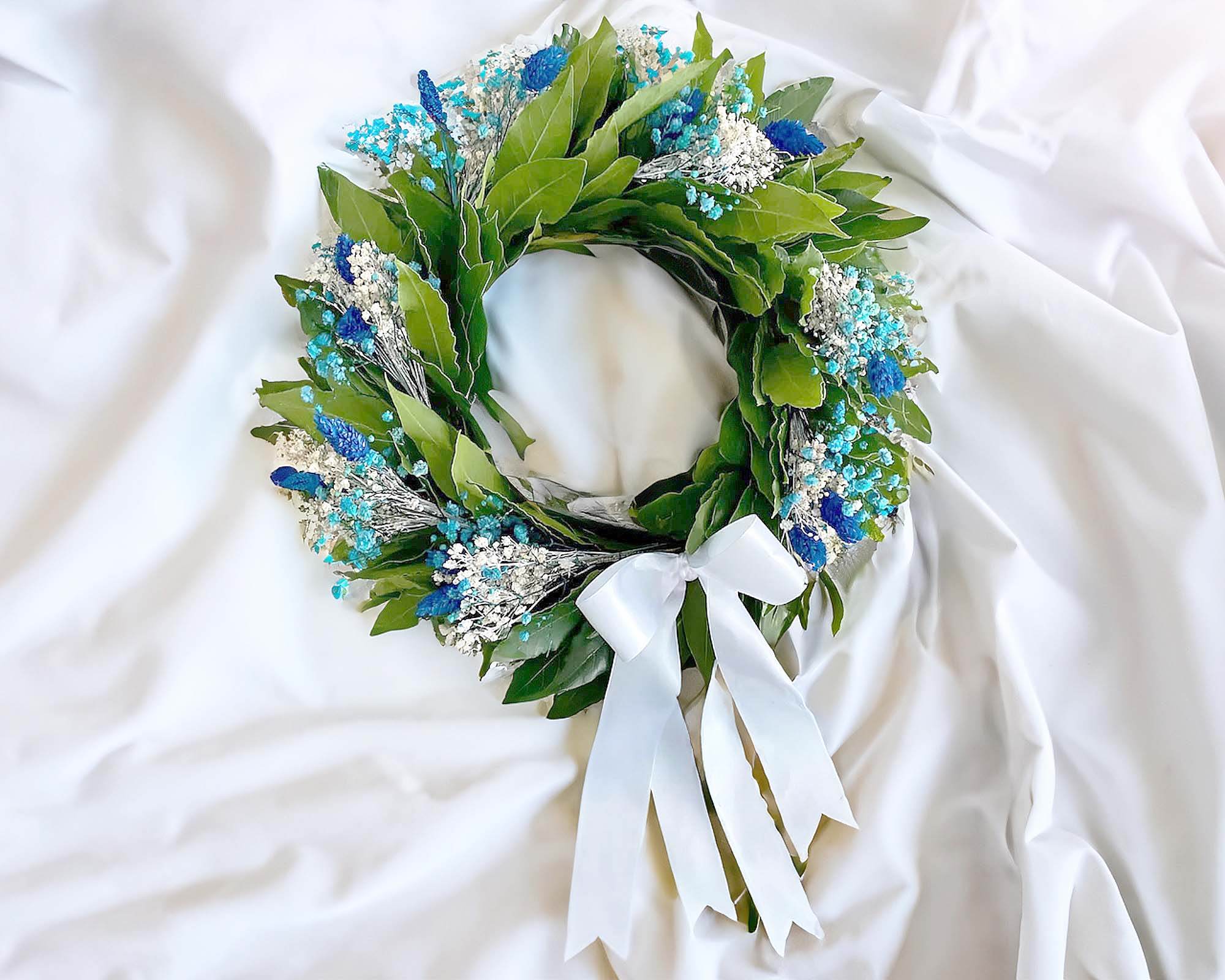 Corona di Alloro per Laurea Mini Spighe Blu e Gipsofila Azzura e Bianca con Nastro Blu o Bianco - immagine 2