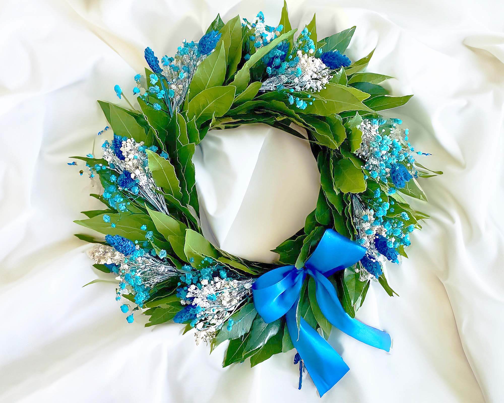 Corona di Alloro per Laurea Mini Spighe Blu e Gipsofila Azzura e Bianca con Nastro Blu o Bianco