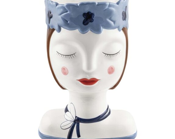 Vaso Viso Donna Tipo Di Pittura Naif Azzurro 19x15x26h Elegante E Moderno In Ceramica