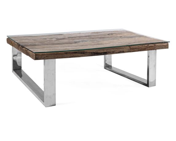 Tavolino Stanton 100×100 In Legno Riciclato, Acciaio E Vetro – Bizzotto