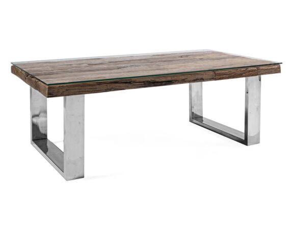Tavolino Con Vetro Stanton 110×60 In Legno Riciclato, Vetro E Acciaio – Bizzotto