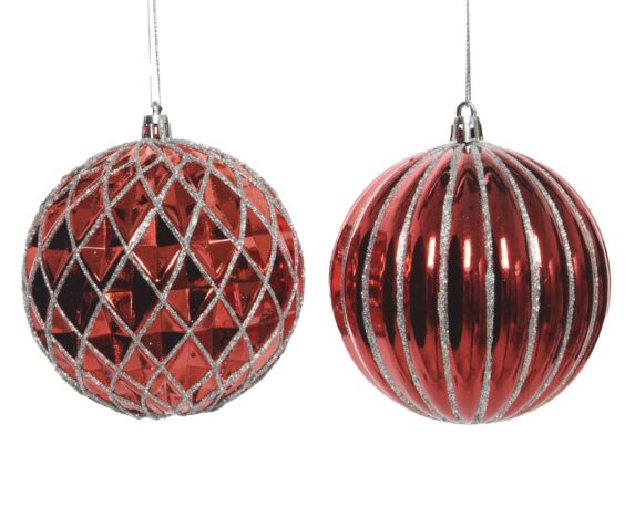 Decorazione Sfera Rosso e Argento con Glitter Assortito D10CM