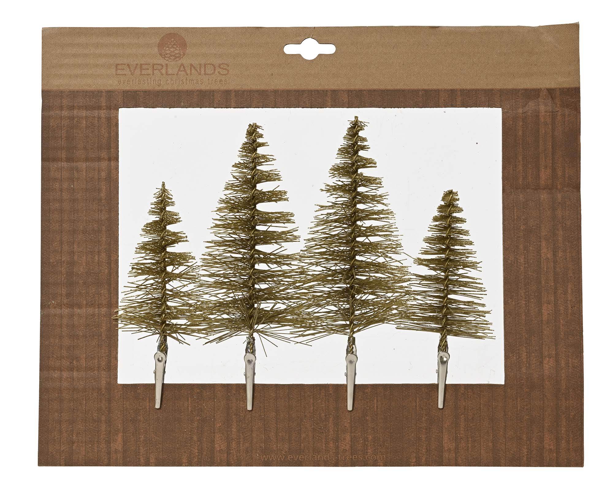 Set 4 Pz Decorazione Alberi Floccati Glitter Oro con Clip 14h in Metallo e PVC