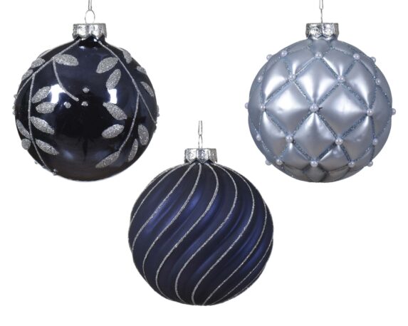 Decorazione Sfera Blu con Glitter Assortito D10CM in Vetro