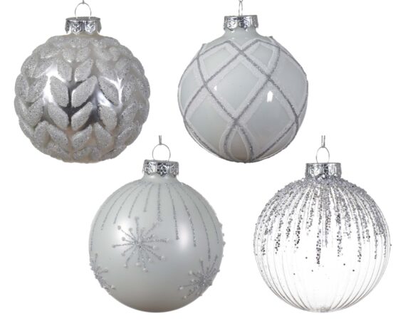 Decorazione Sfera Argento e Bianco con Glitter Assortito D8CM in Vetro