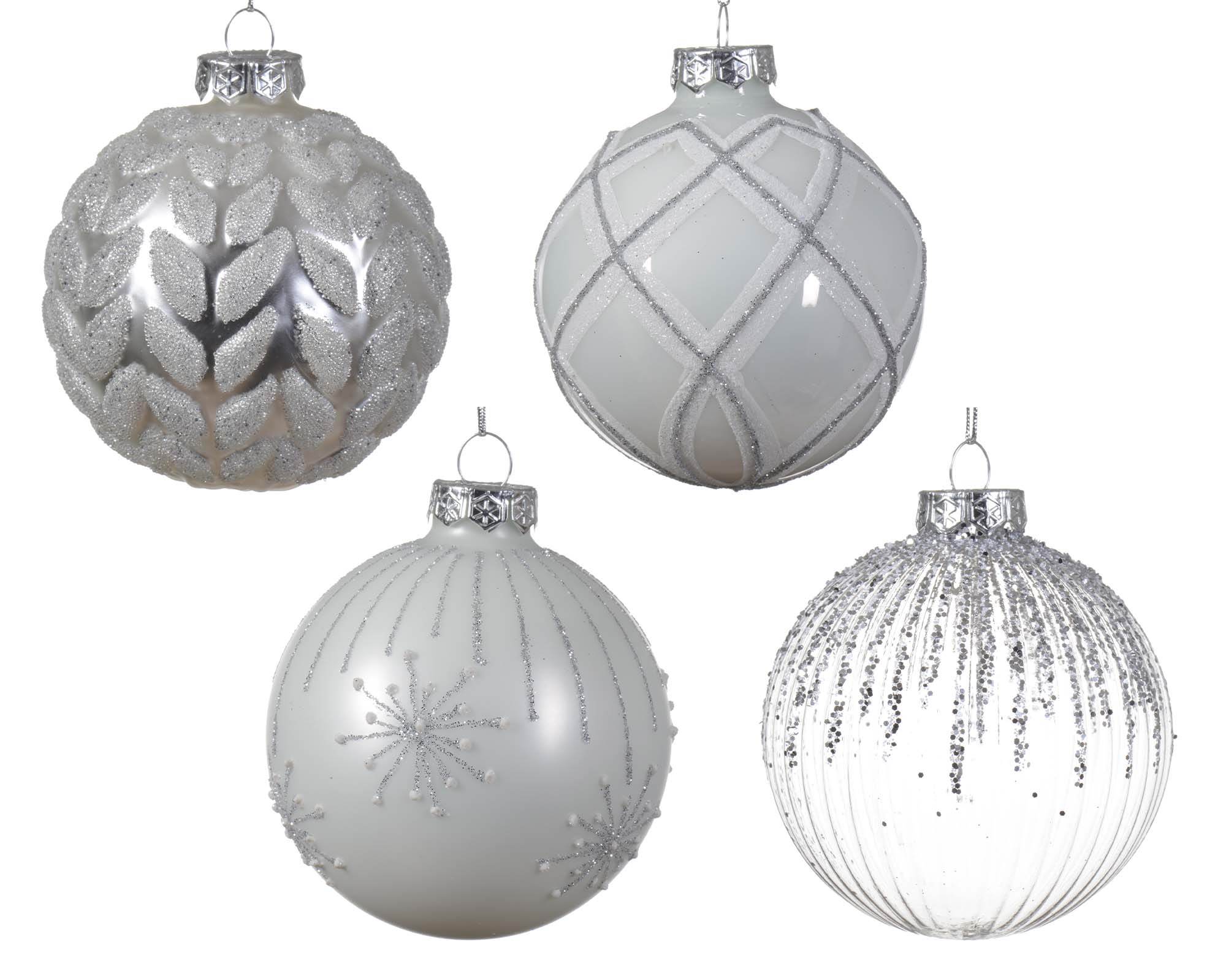Decorazione Sfera Argento e Bianco con Glitter Assortito D8CM in Vetro