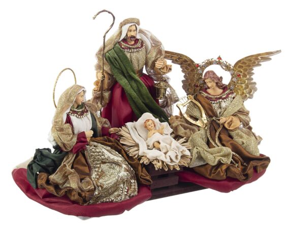 Decorazione Natività Sacra Famiglia Baroque Rosso Con Angelo In Resina E Canapa – Bizzotto