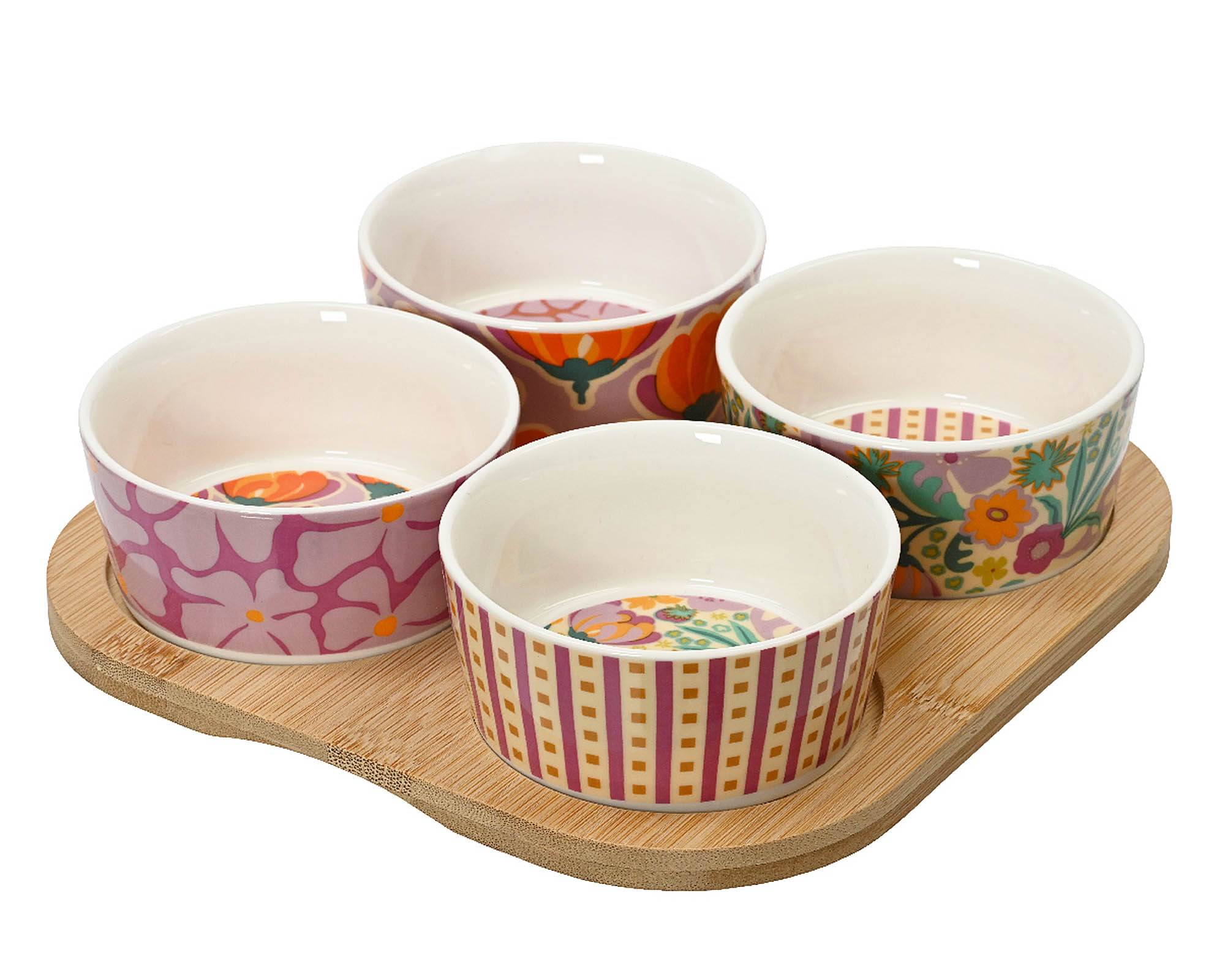 Set 5 Pz Ciotole per Aperitivo 20x20x5cm in Bamboo e Porcellana - Kaemingk