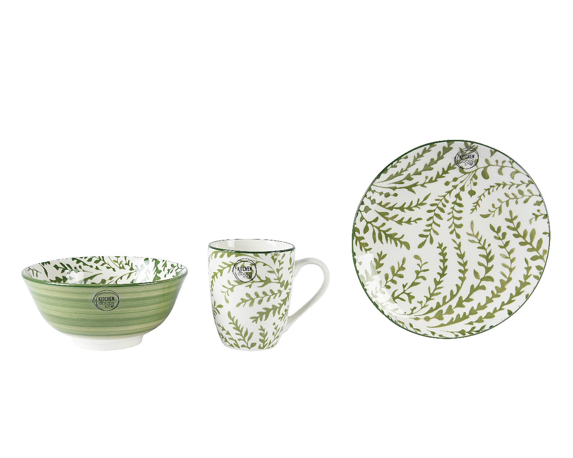 Set 3 Pz Colazione con Tazza, Piatto e Ciotola Verde in Porcellana - Kaemingk - immagine 2