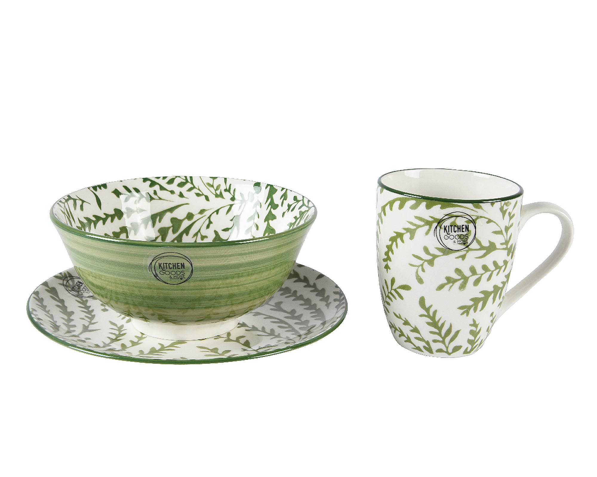 Set 3 Pz Colazione con Tazza, Piatto e Ciotola Verde in Porcellana - Kaemingk