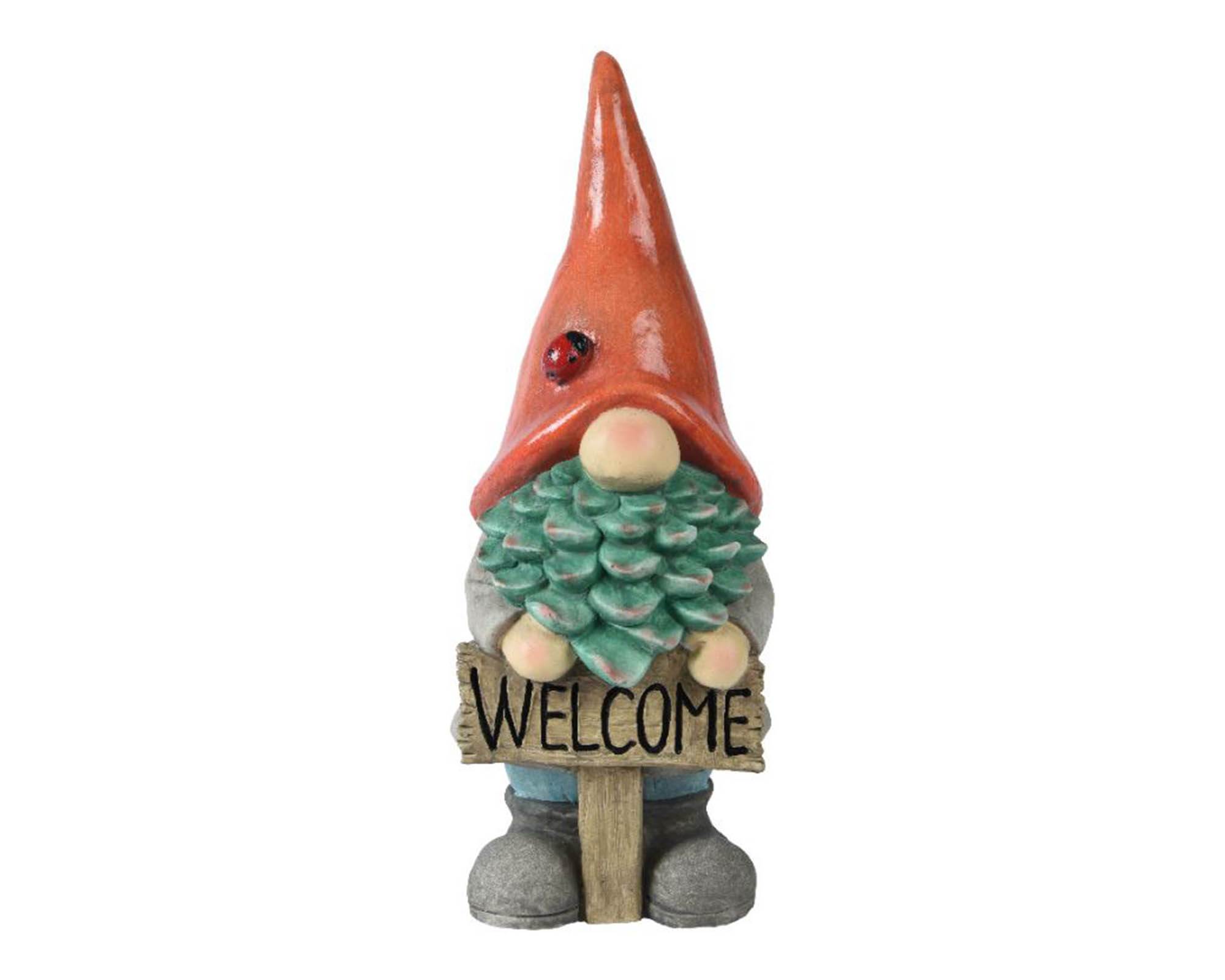 Statua Gnomo da Giardino Welcome Rosso e Verde 18x20x47cm in Magnesio - Kaemingk
